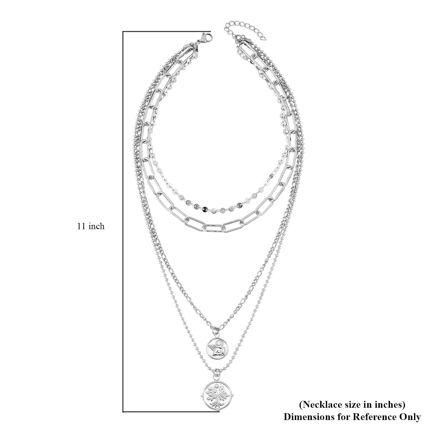 Set of 4 Multi Strand Coin Charm Link Chain Necklace 16, 18, 20, 22 Inches in Stainless Steel