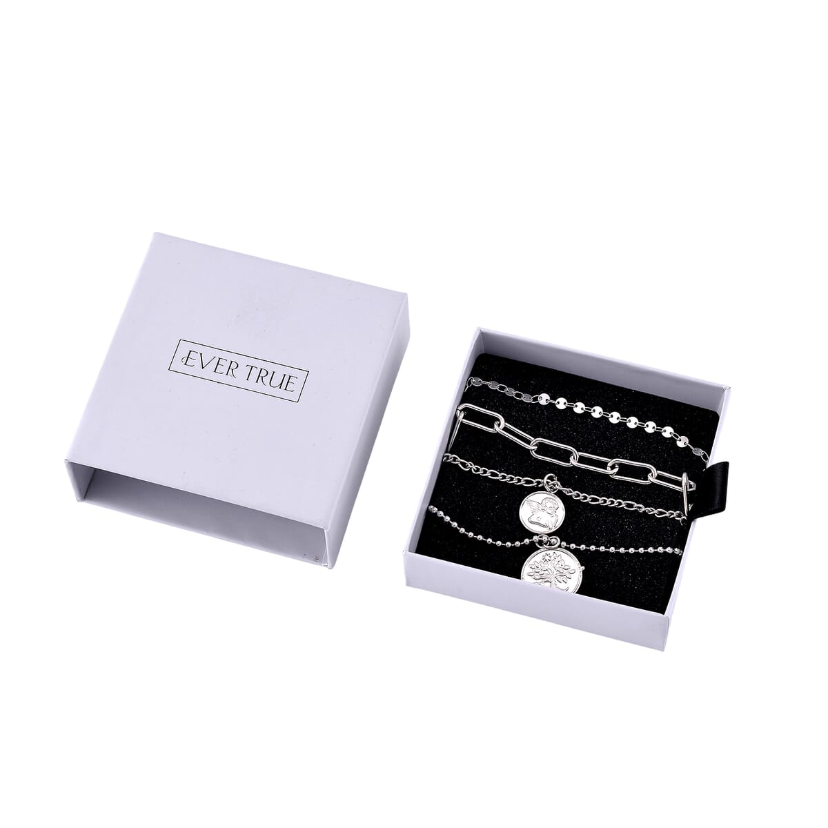 Set of 4 Multi Strand Coin Charm Link Chain Necklace (16, 18, 20, 22 Inches) in Stainless Steel image number 6