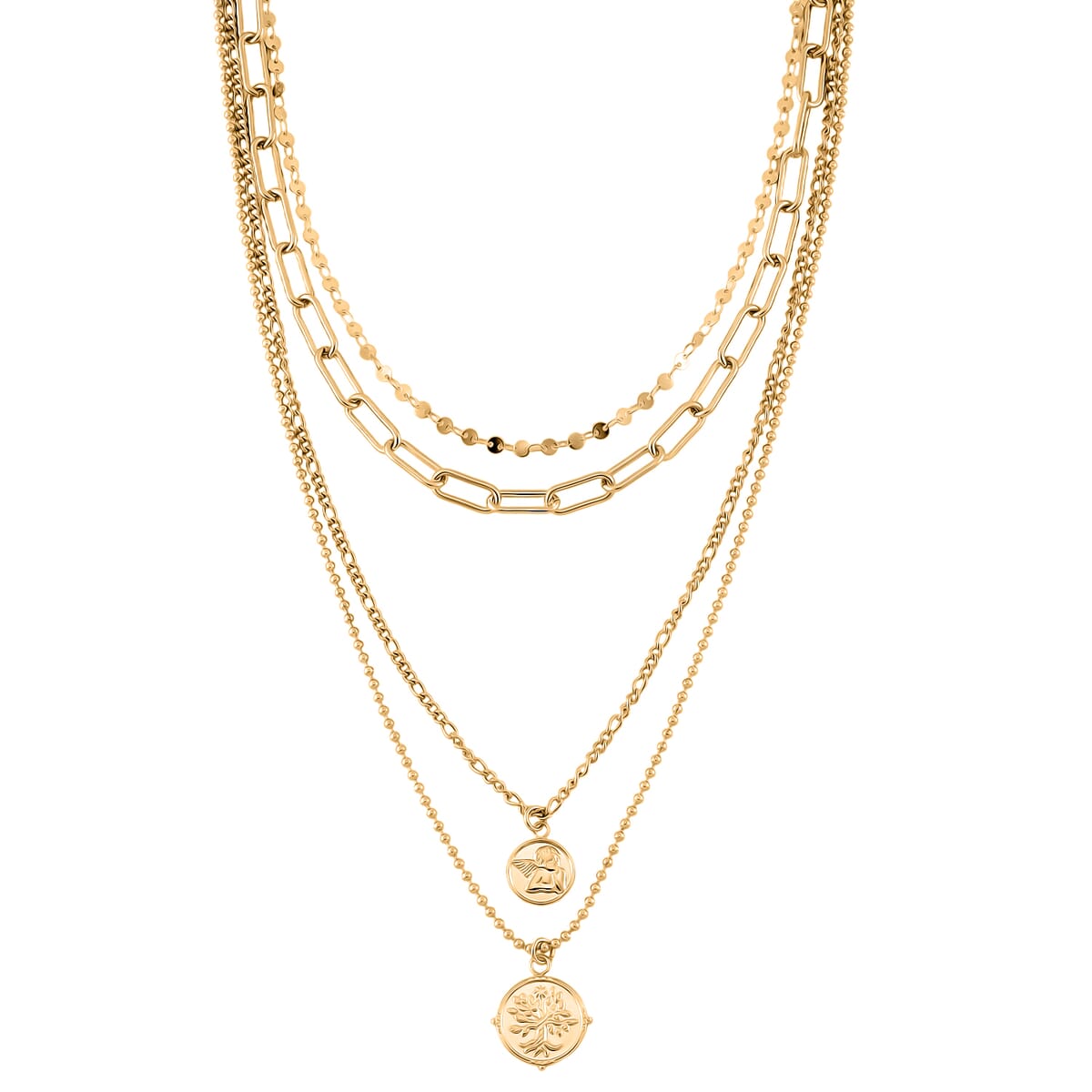 Set of 4 Multi Strand Coin Charm Link Chain Necklace 16, 18, 20, 22 Inches in ION Plated YG Stainless Steel image number 0