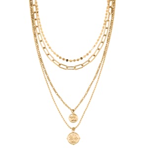 Set of 4 Multi Strand Coin Charm Link Chain Necklace 16, 18, 20, 22 Inches in ION Plated YG Stainless Steel