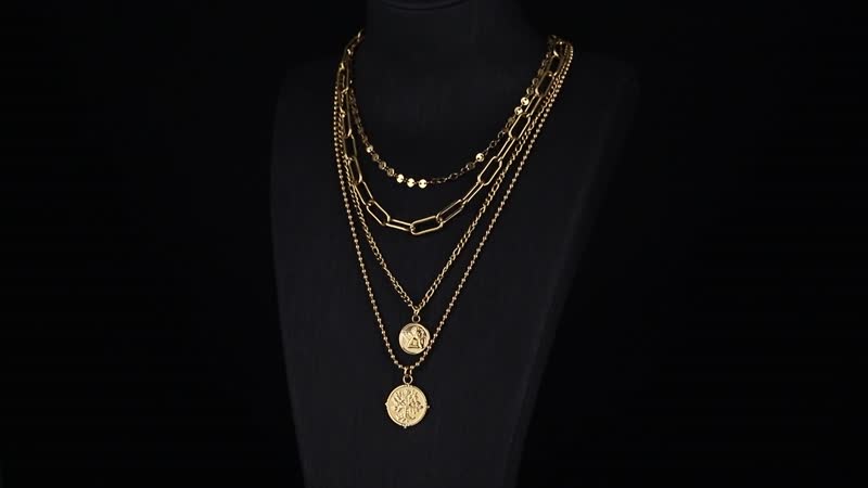 Set of 4 Multi Strand Coin Charm Link Chain Necklace (16, 18, 20, 22 Inches) in Stainless Steel