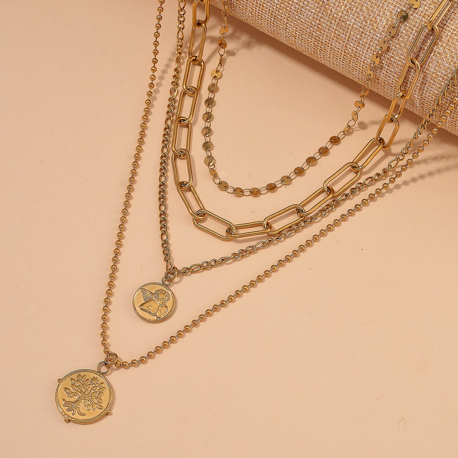 Set of 4 Multi Strand Coin Charm Link Chain Necklace 16, 18, 20, 22 Inches in ION Plated YG Stainless Steel
