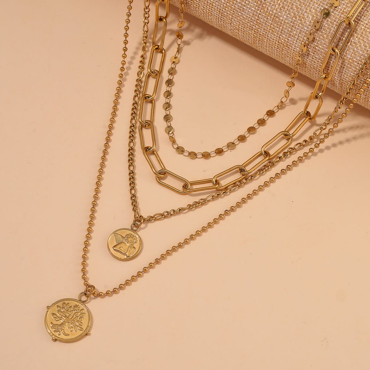 Set of 4 Multi Strand Coin Charm Link Chain Necklace 16, 18, 20, 22 Inches in ION Plated YG Stainless Steel image number 1