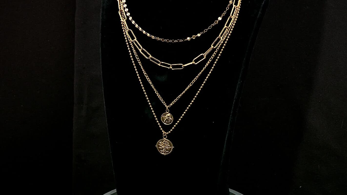 Set of 4 Multi Strand Coin Charm Link Chain Necklace (16, 18, 20, 22 Inches) in Stainless Steel