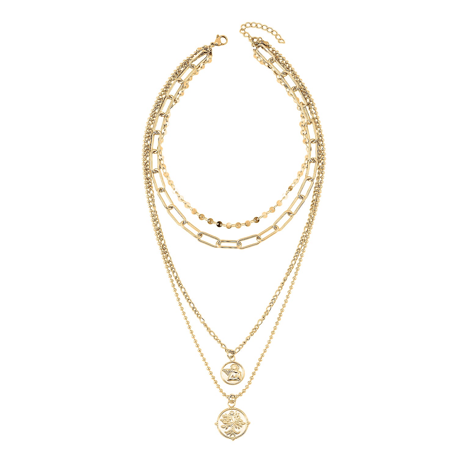 Set of 4 Multi Strand Coin Charm Link Chain Necklace 16, 18, 20, 22 Inches in ION Plated YG Stainless Steel