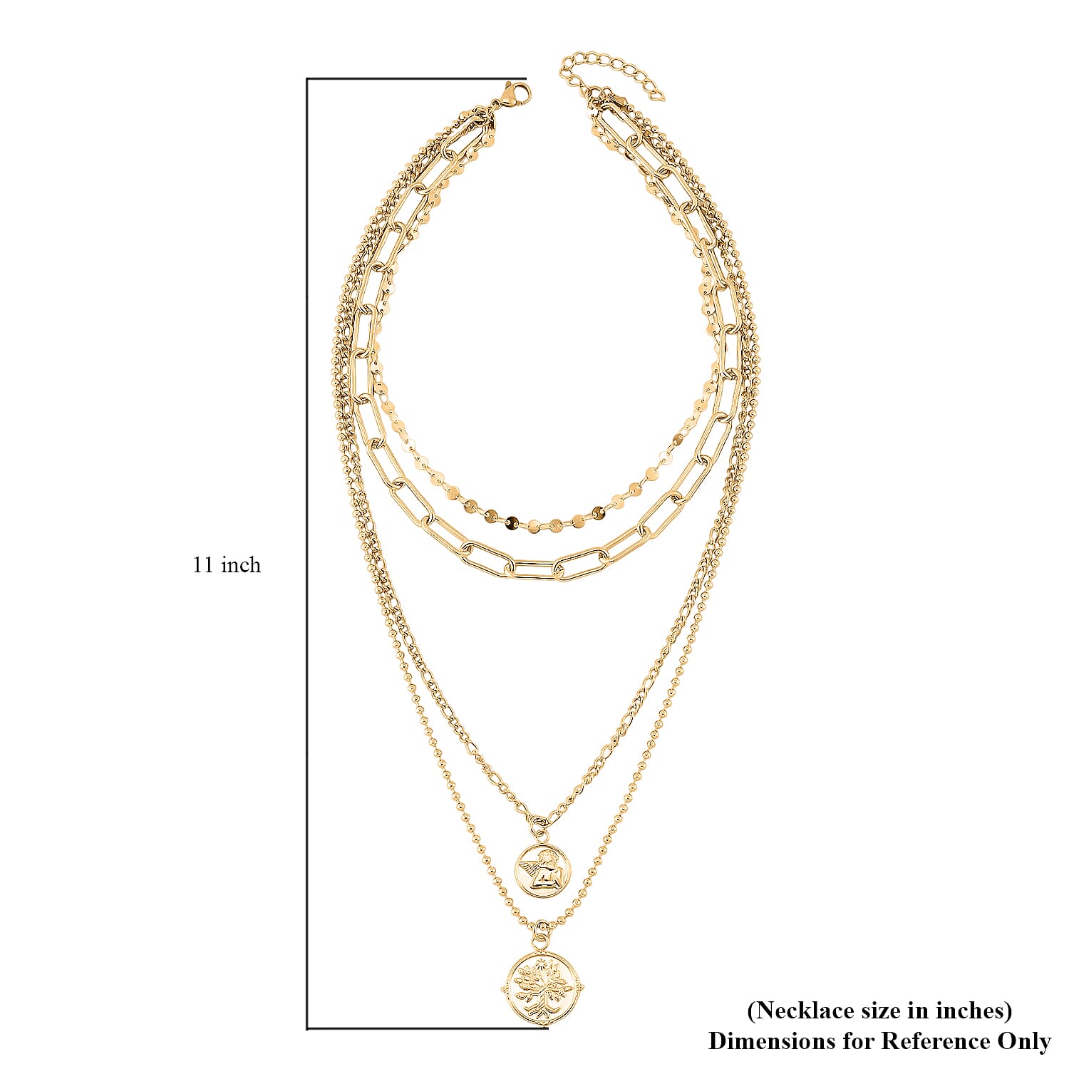 Set of 4 Multi Strand Coin Charm Link Chain Necklace 16, 18, 20, 22 Inches in ION Plated YG Stainless Steel