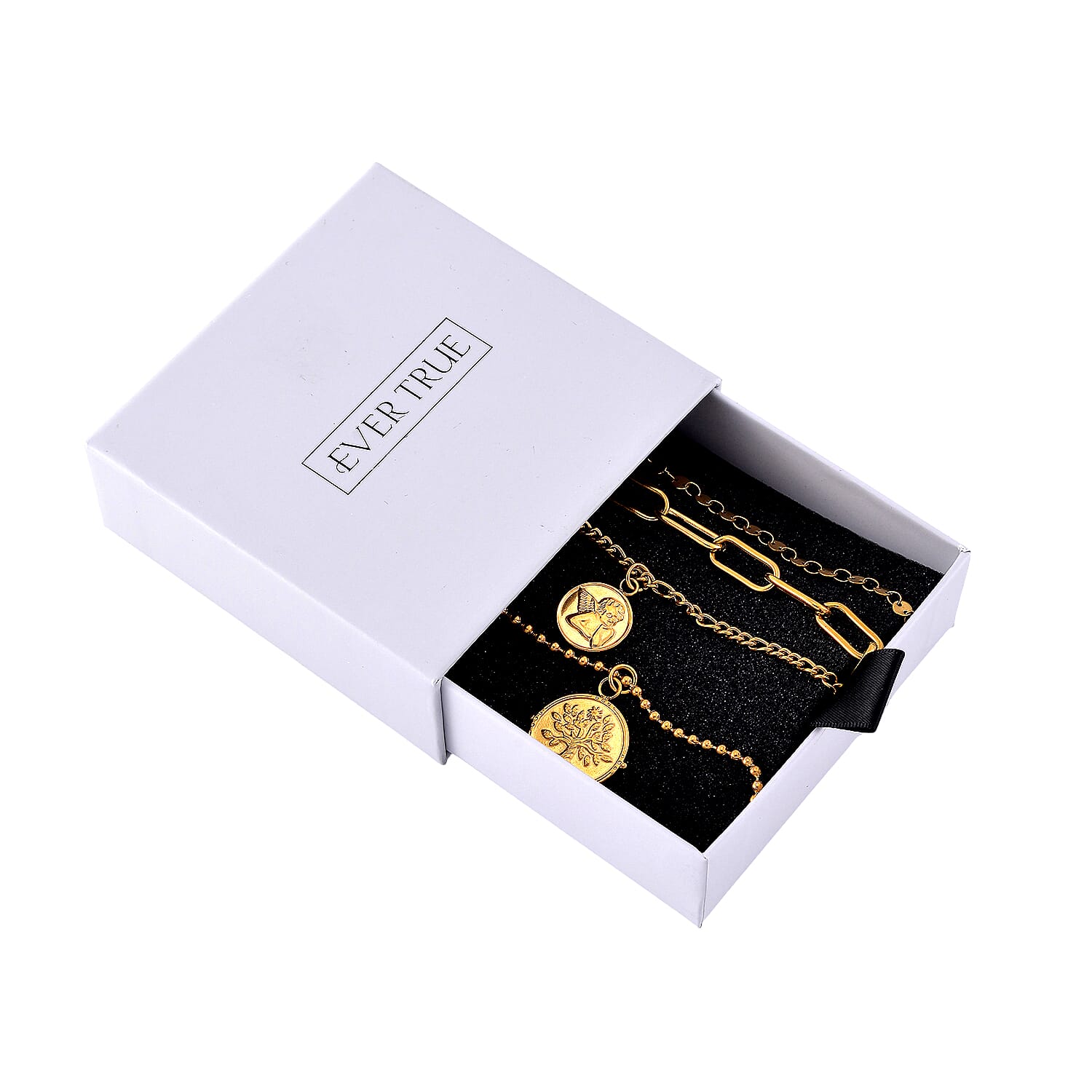 Set of 4 Multi Strand Coin Charm Link Chain Necklace 16, 18, 20, 22 Inches in ION Plated YG Stainless Steel