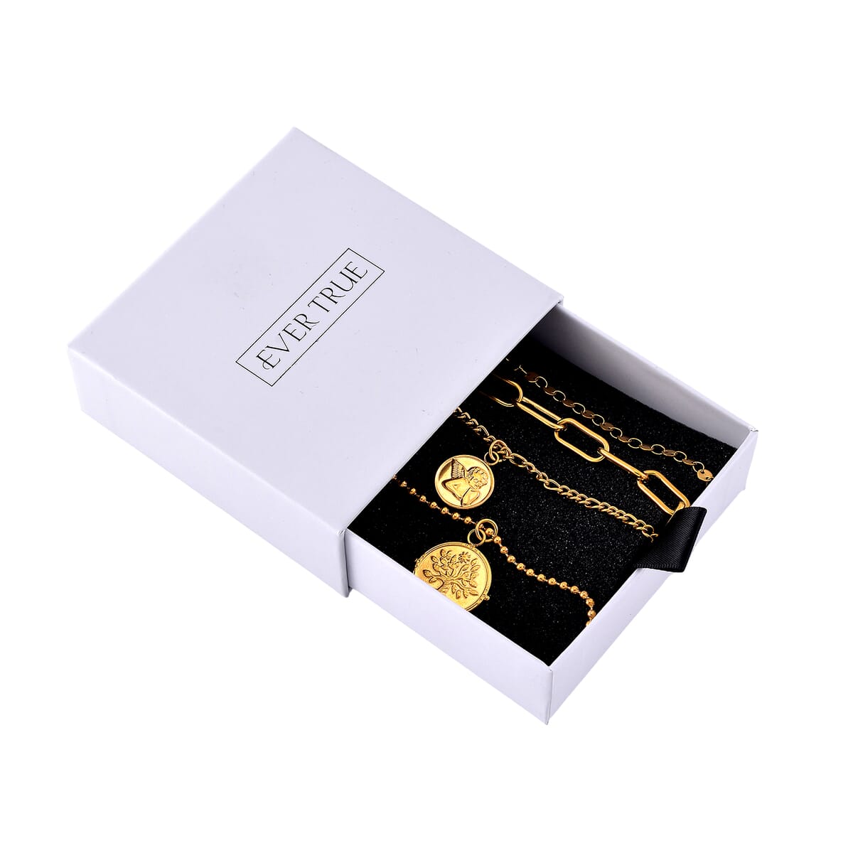 Set of 4 Multi Strand Coin Charm Link Chain Necklace 16, 18, 20, 22 Inches in ION Plated YG Stainless Steel image number 5