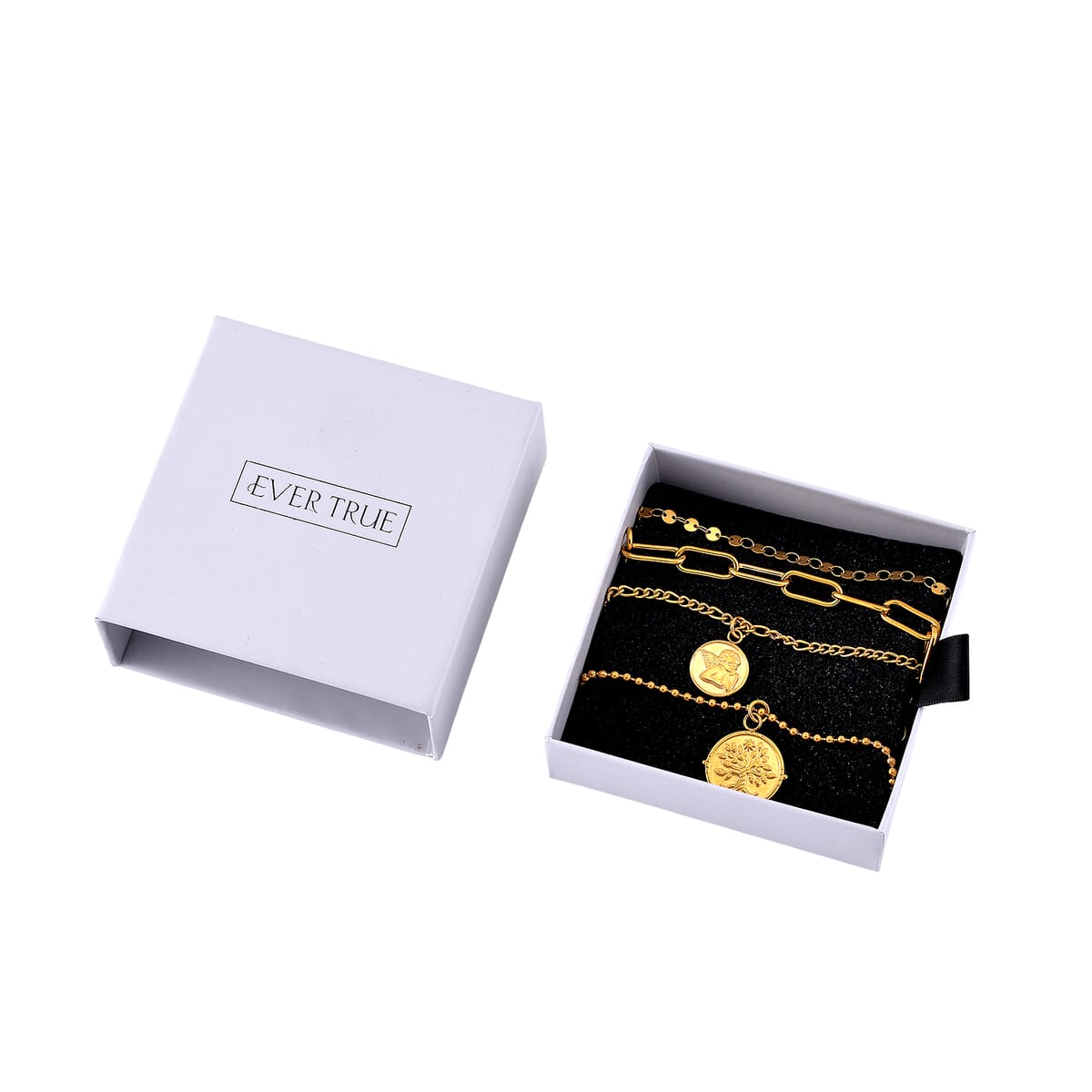 Set of 4 Multi Strand Coin Charm Link Chain Necklace 16, 18, 20, 22 Inches in ION Plated YG Stainless Steel image number 6