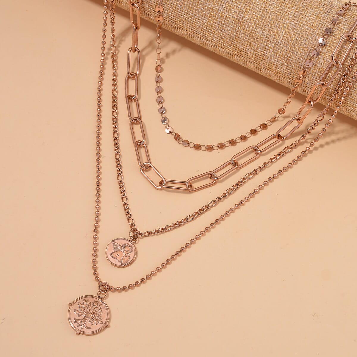 Set of 4 Multi Strand Coin Charm Link Chain Necklace 16, 18, 20, 22 Inches in ION Plated RG Stainless Steel image number 1