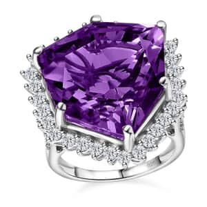 African Amethyst and White Zircon Ring in Platinum Over Sterling Silver (Size 10.0) 19.40 ctw