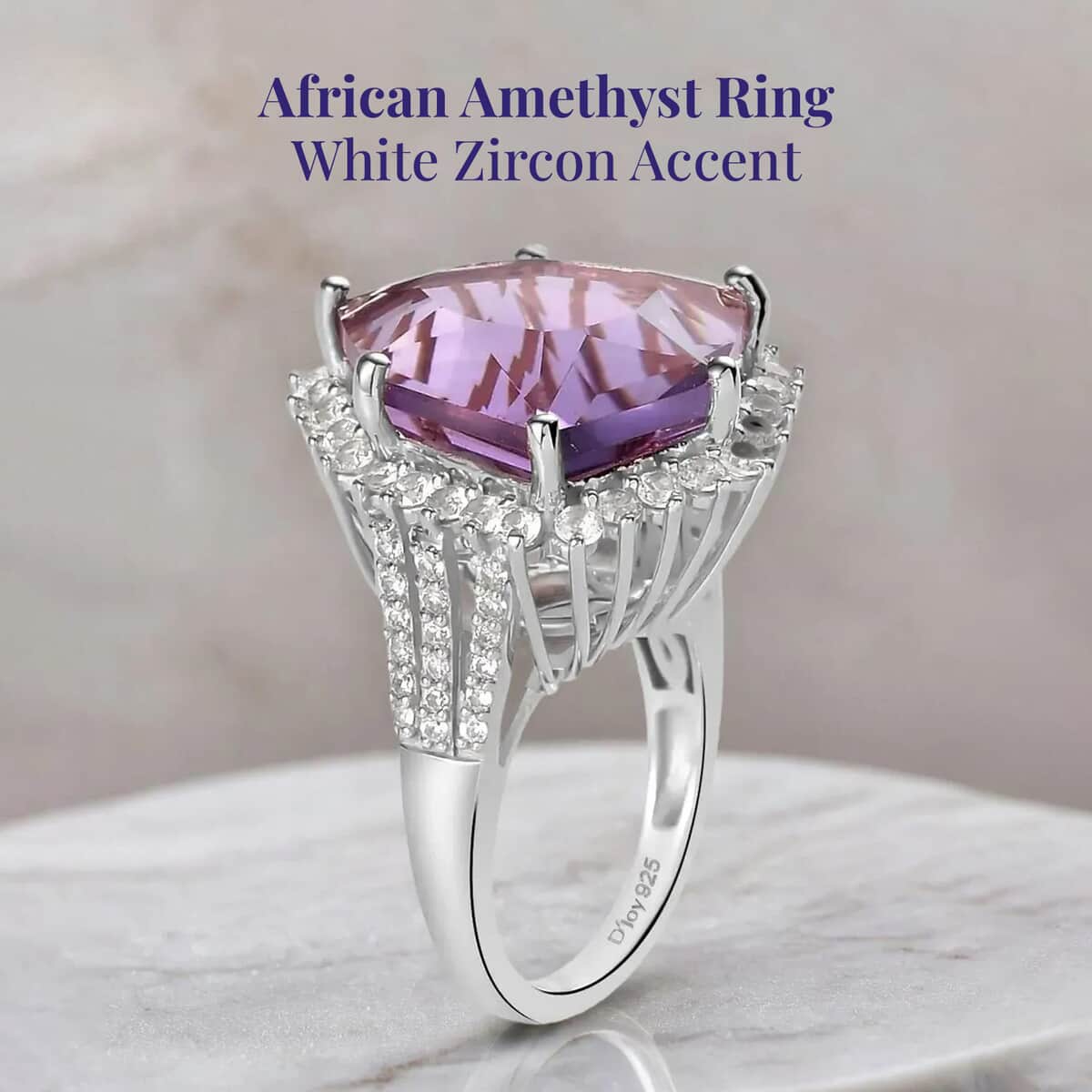 TLV African Amethyst, White Zircon Ring in Platinum Over Sterling Silver (Size 10.0) 21.00 ctw image number 2