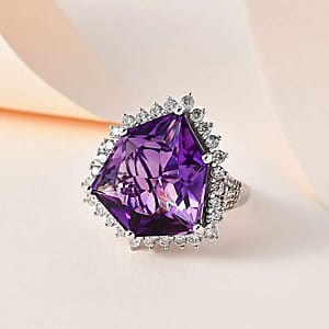 African Amethyst and White Zircon 19.40 ctw Ring in Platinum Over Sterling Silver (Size 6.0)