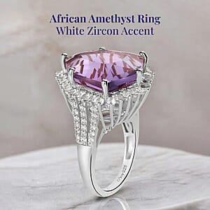 African Amethyst and White Zircon 19.40 ctw Ring in Platinum Over Sterling Silver (Size 6.0)