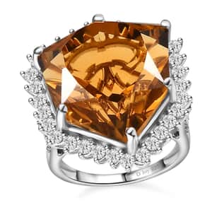 Brazilian Citrine and White Zircon Ring in Platinum Over Sterling Silver (Size 10.0) 17.60 ctw