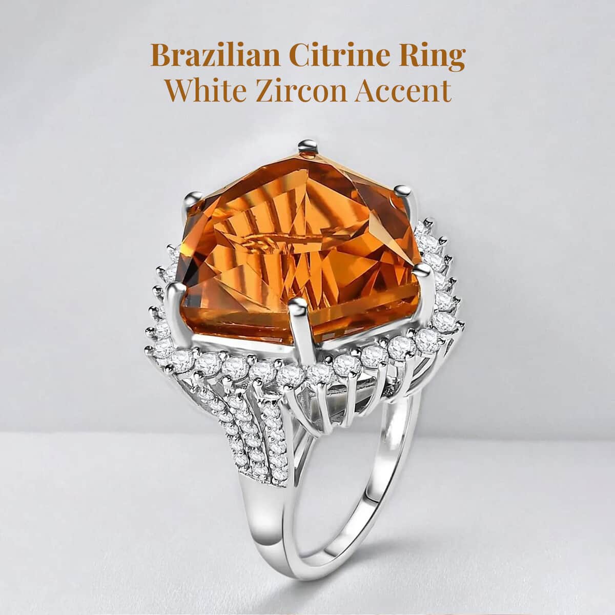 Brazilian Citrine and White Zircon Ring in Platinum Over Sterling Silver (Size 10.0) 17.60 ctw image number 2