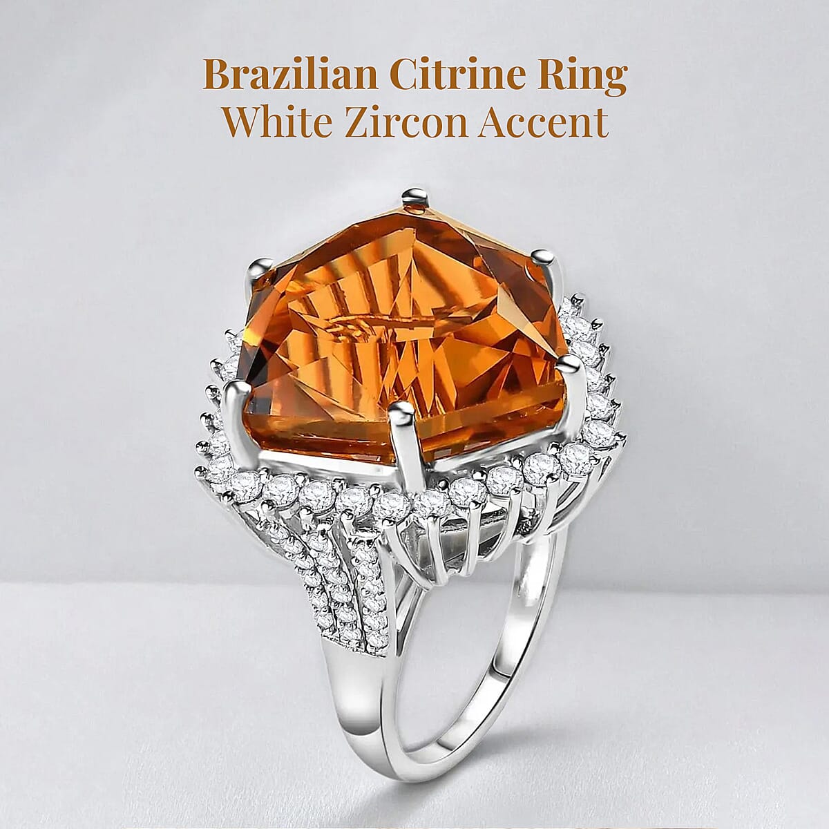 Brazilian Citrine and White Zircon 17.60 ctw Ring in Platinum Over Sterling Silver (Size 8.0) image number 2