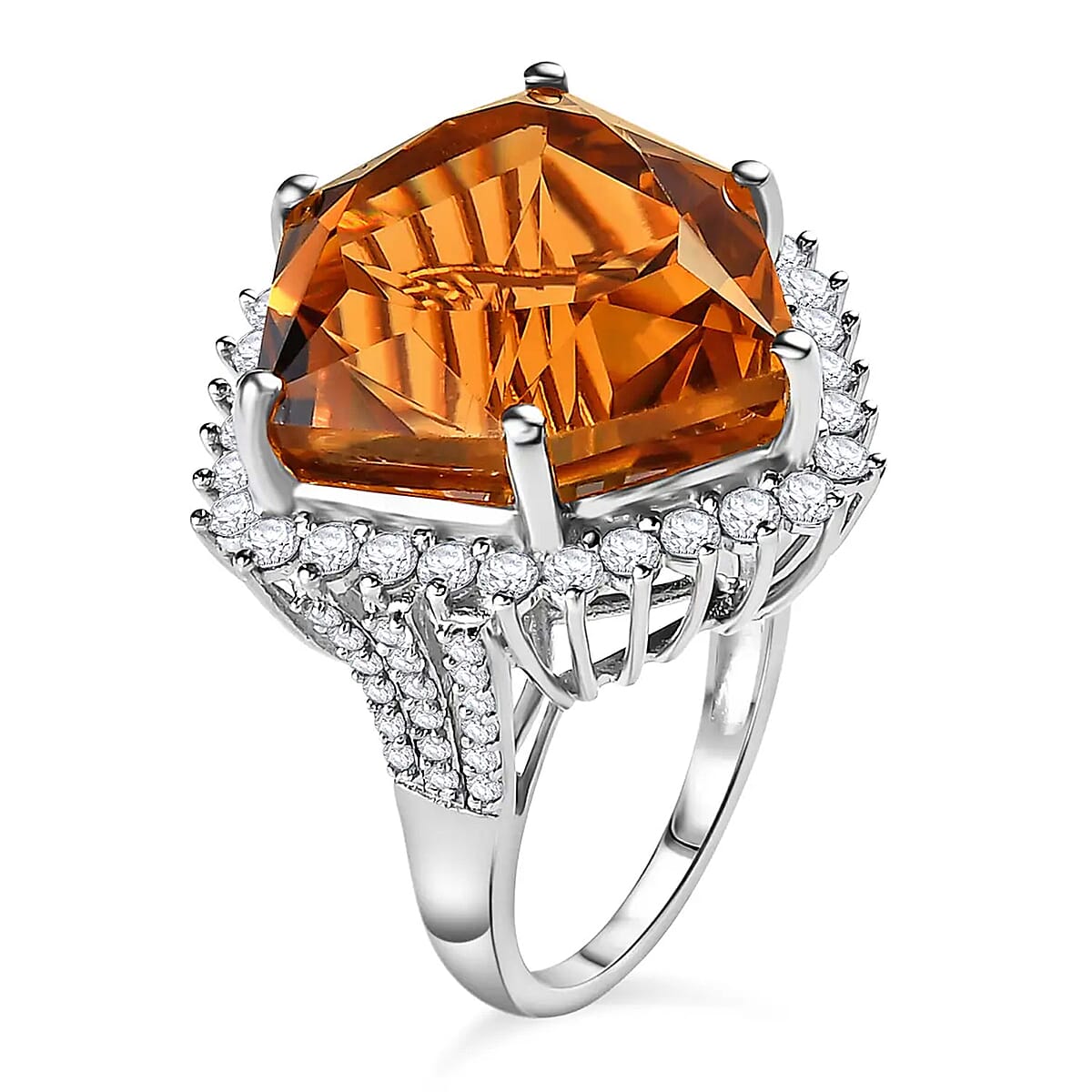 Brazilian Citrine and White Zircon 17.60 ctw Ring in Platinum Over Sterling Silver (Size 8.0) image number 5