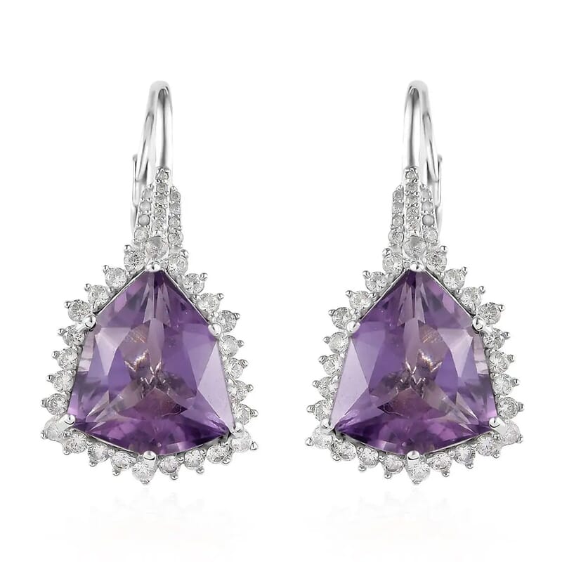 African Amethyst and White Zircon Stud Earrings in Platinum Over Sterling Silver 17.50 ctw