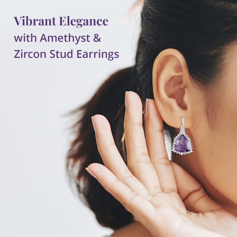 African Amethyst and White Zircon Stud Earrings in Platinum Over Sterling Silver 17.50 ctw