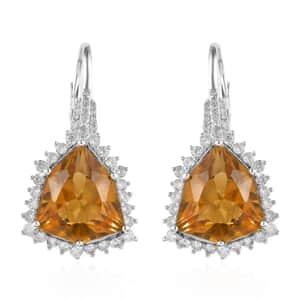 Brazilian Citrine and White Zircon Lever Back Earrings in Platinum Over Sterling Silver 32.50 ctw