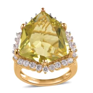 Brazilian Green Gold Quartz and White Zircon Ring in Vermeil Yellow Gold Over Sterling Silver (Size 9.0) 15.35 ctw