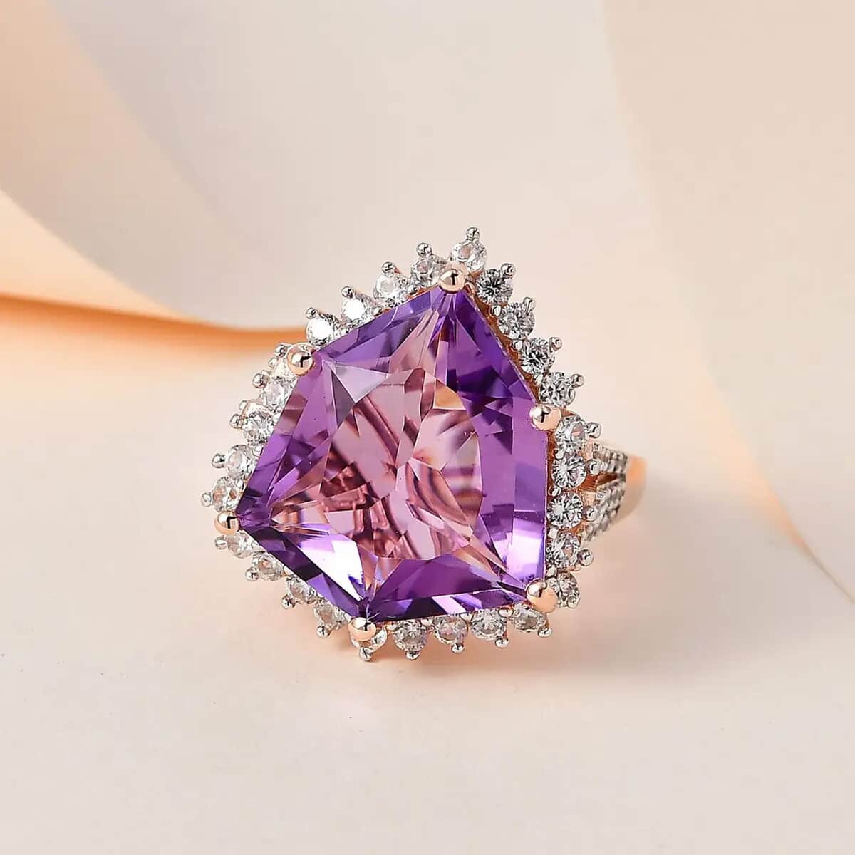 Rose De France Amethyst and White Zircon Ring in Vermeil Rose Gold Over Sterling Silver (Size 6.0) 17.15 ctw image number 1