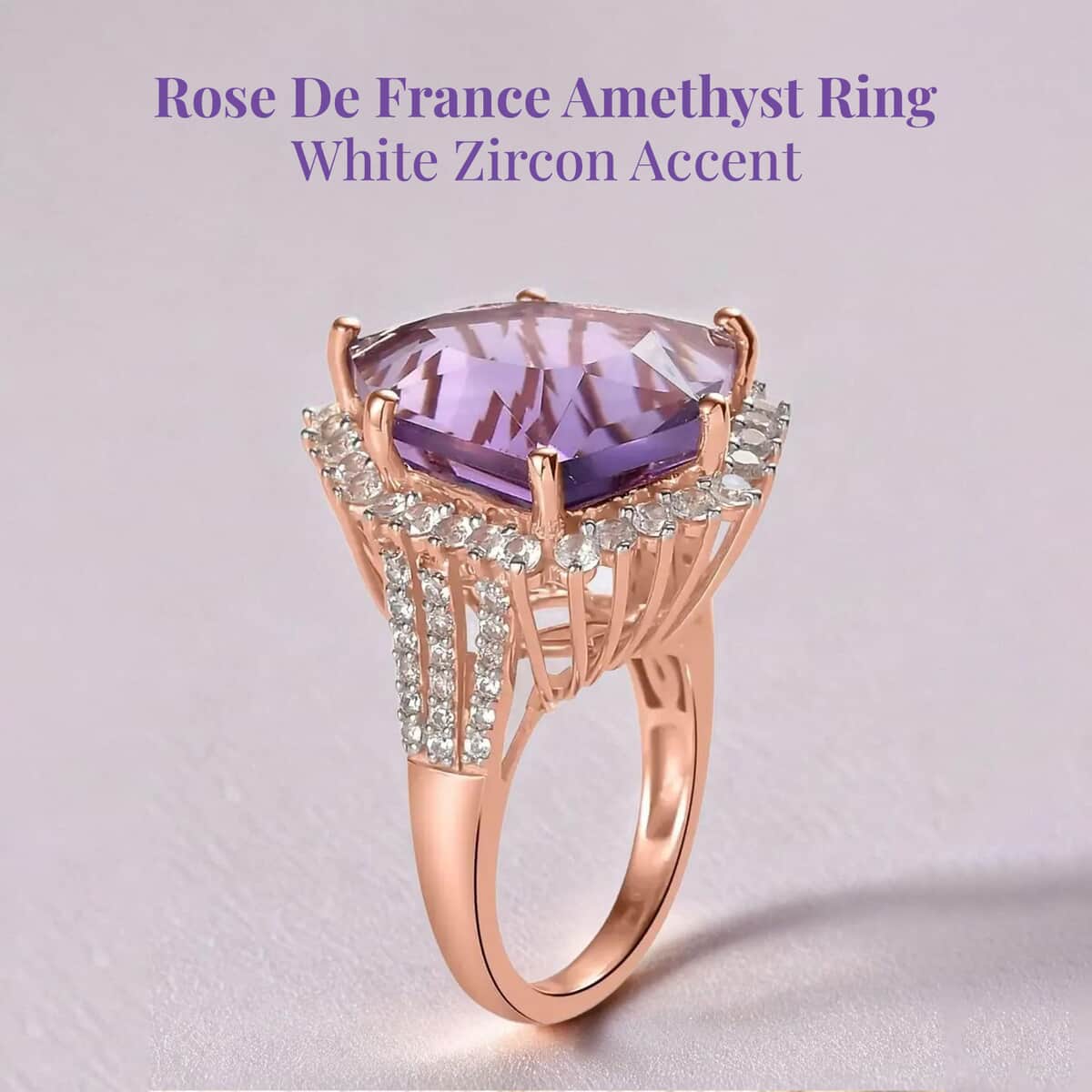 Rose De France Amethyst and White Zircon Ring in Vermeil Rose Gold Over Sterling Silver (Size 6.0) 17.15 ctw image number 2