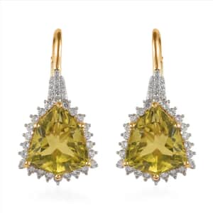 Brazilian Green Gold Quartz and White Zircon Lever Back Earrings in Vermeil Yellow Gold Over Sterling Silver 28.15 ctw