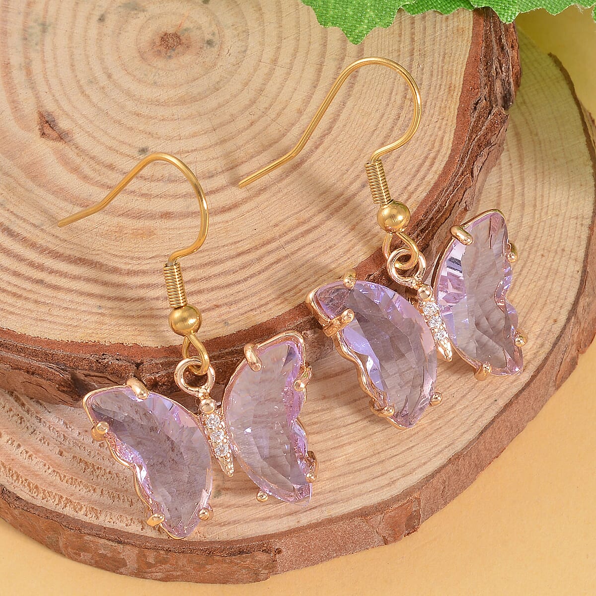 Simulated Lavender Quartz and Simulated Diamond 0.10 ctw Butterfly Earrings in Goldtone image number 1