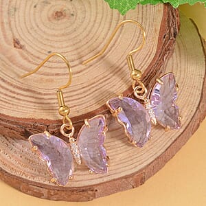 Simulated Lavender Quartz and Simulated Diamond 0.10 ctw Butterfly Earrings in Goldtone