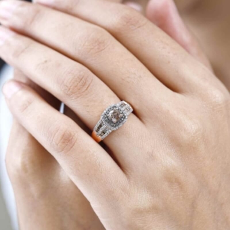 Natural Champagne and White Diamond 0.99 ctw Ring in Vermeil Rose Gold Over Sterling Silver (Size 11.5)