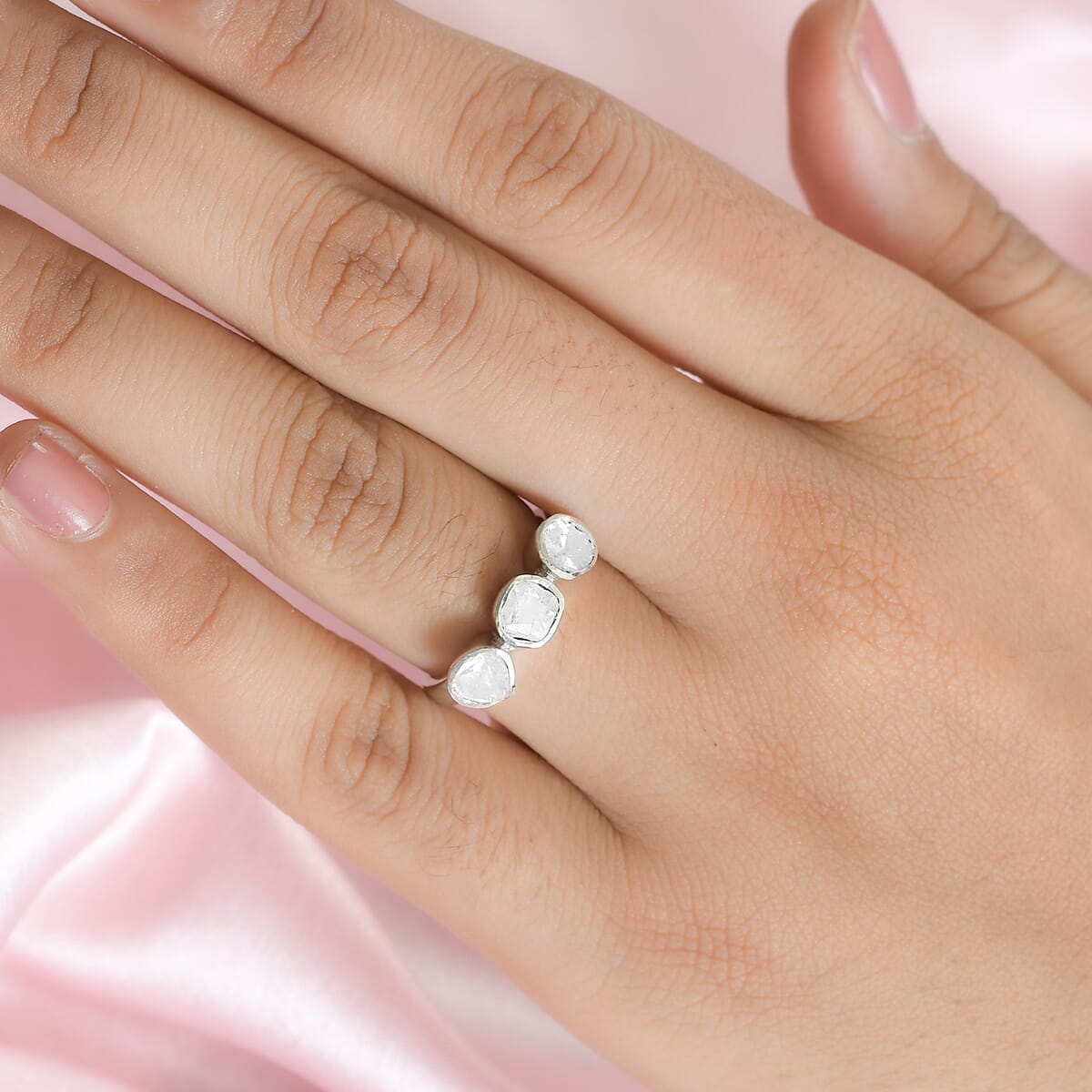 Polki Diamond Ring in Platinum Over Sterling Silver 0.50 ctw image number 2