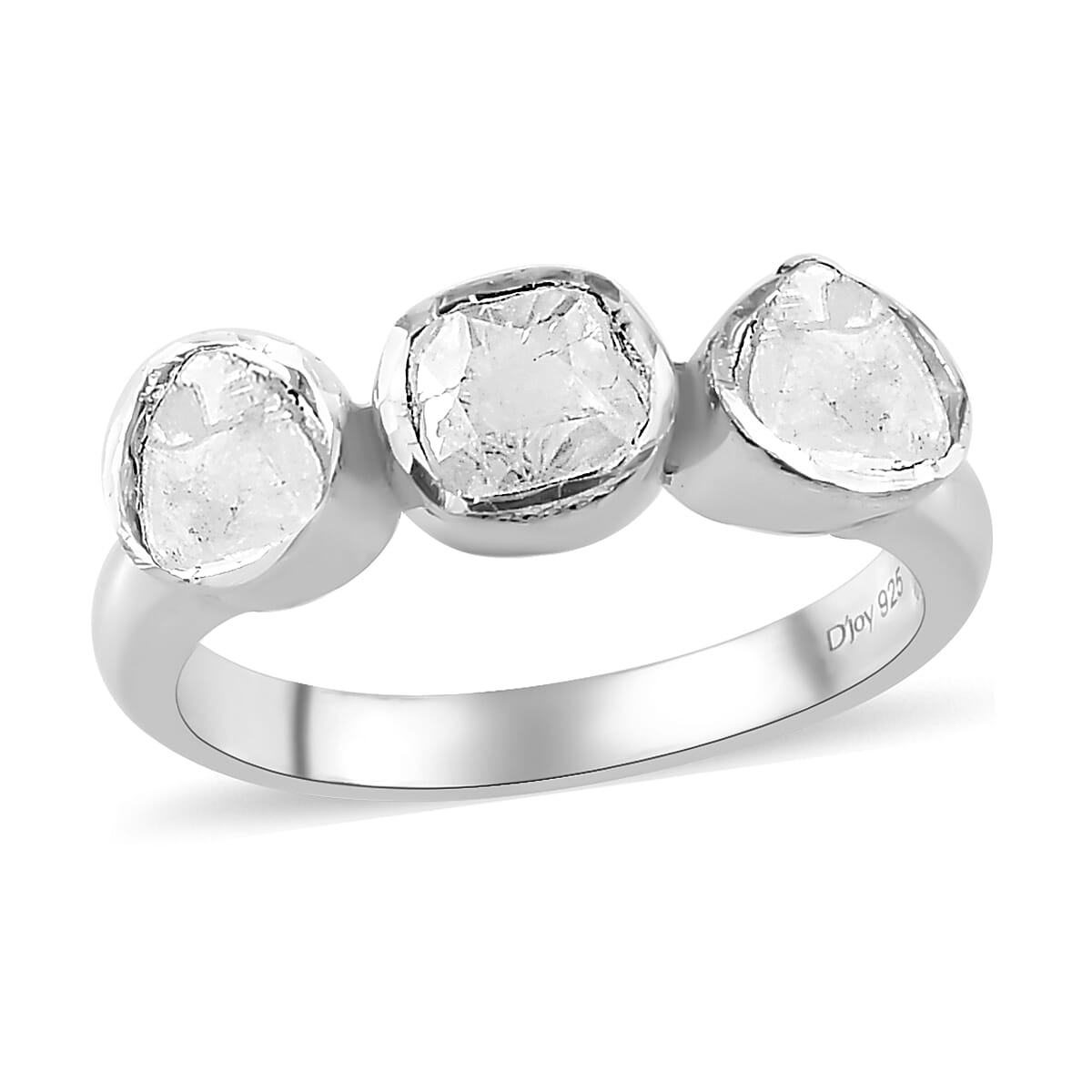 Polki Diamond Trilogy Ring in Platinum Over Sterling Silver (Size 5.0) 0.50 ctw