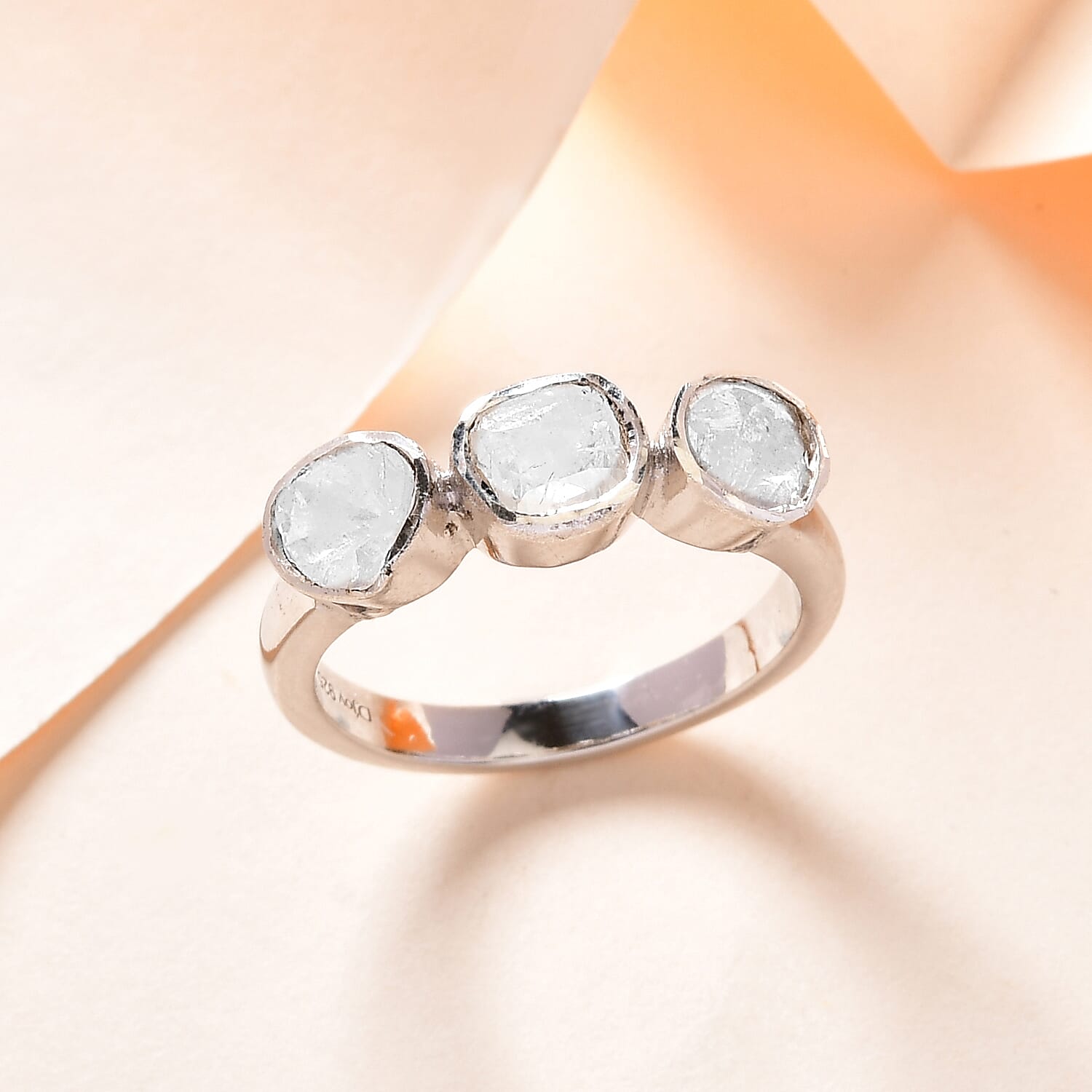 Polki Diamond Trilogy Ring in Platinum Over Sterling Silver (Size 5.0) 0.50 ctw