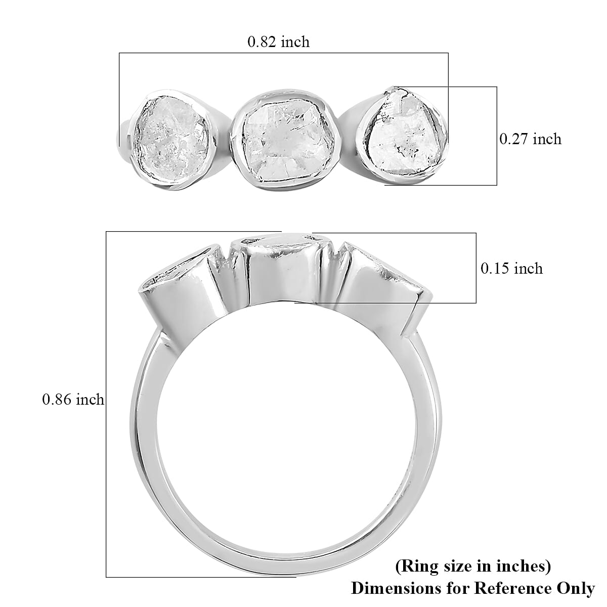 Polki Diamond Trilogy Ring in Platinum Over Sterling Silver (Size 5.0) 0.50 ctw