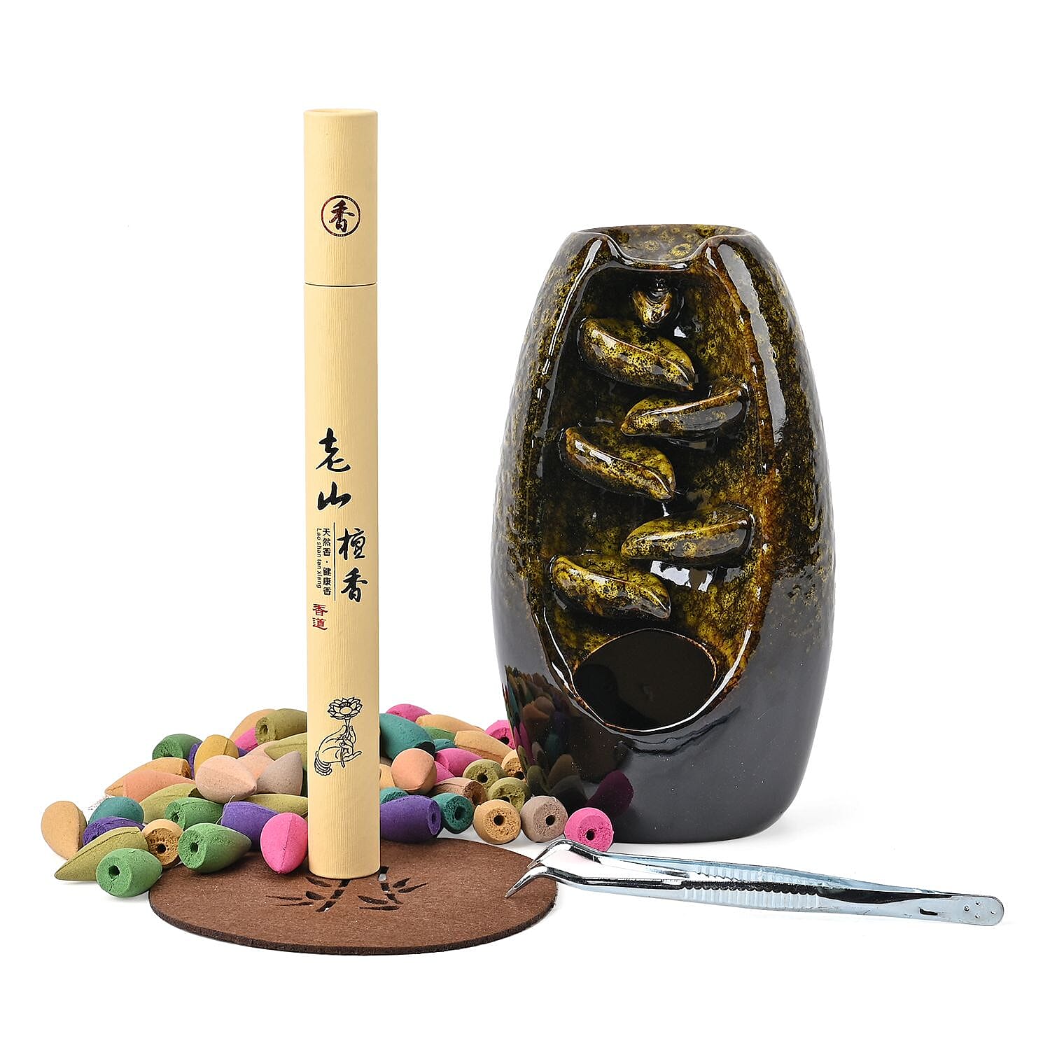 Copper Ceramic Backflow Incense Holder Incense Burner Waterfall with 60 Backflow Incense Cones, 30 Incense Stick, 1p Tweezer and Base