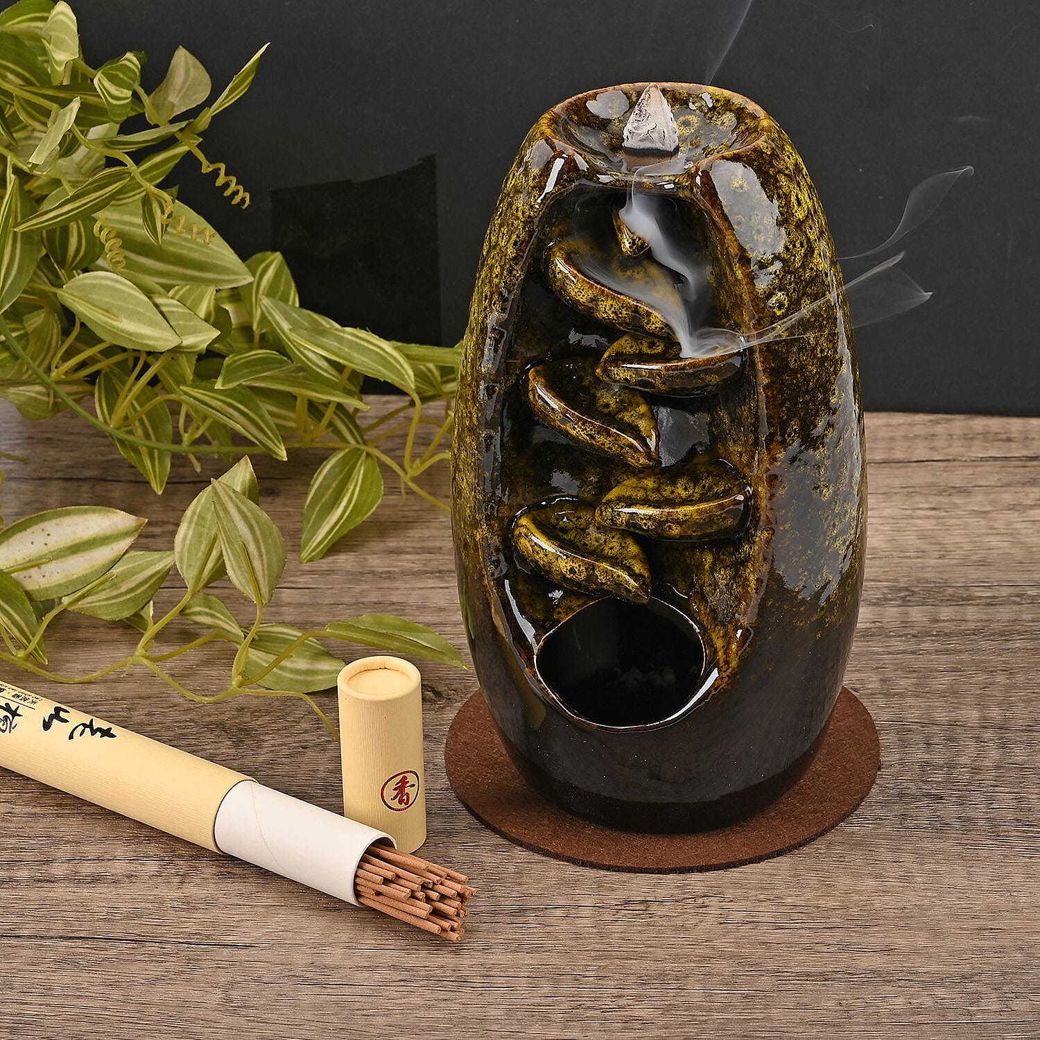 Copper Ceramic Backflow Incense Holder Incense Burner Waterfall with 60 Backflow Incense Cones, 30 Incense Stick, 1p Tweezer and Base