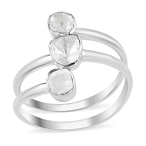 Polki Diamond Open Split Shank Trio Ring in Platinum Over Sterling Silver (Size 7.0) 0.50 ctw
