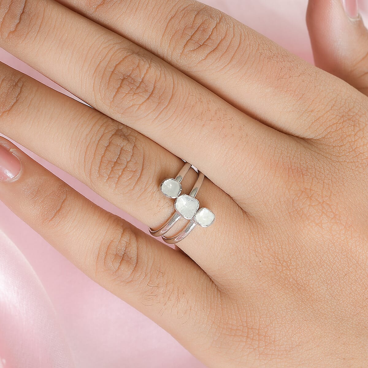 Polki Diamond Open Split Shank Trio Ring in Platinum Over Sterling Silver (Size 7.0) 0.50 ctw image number 2