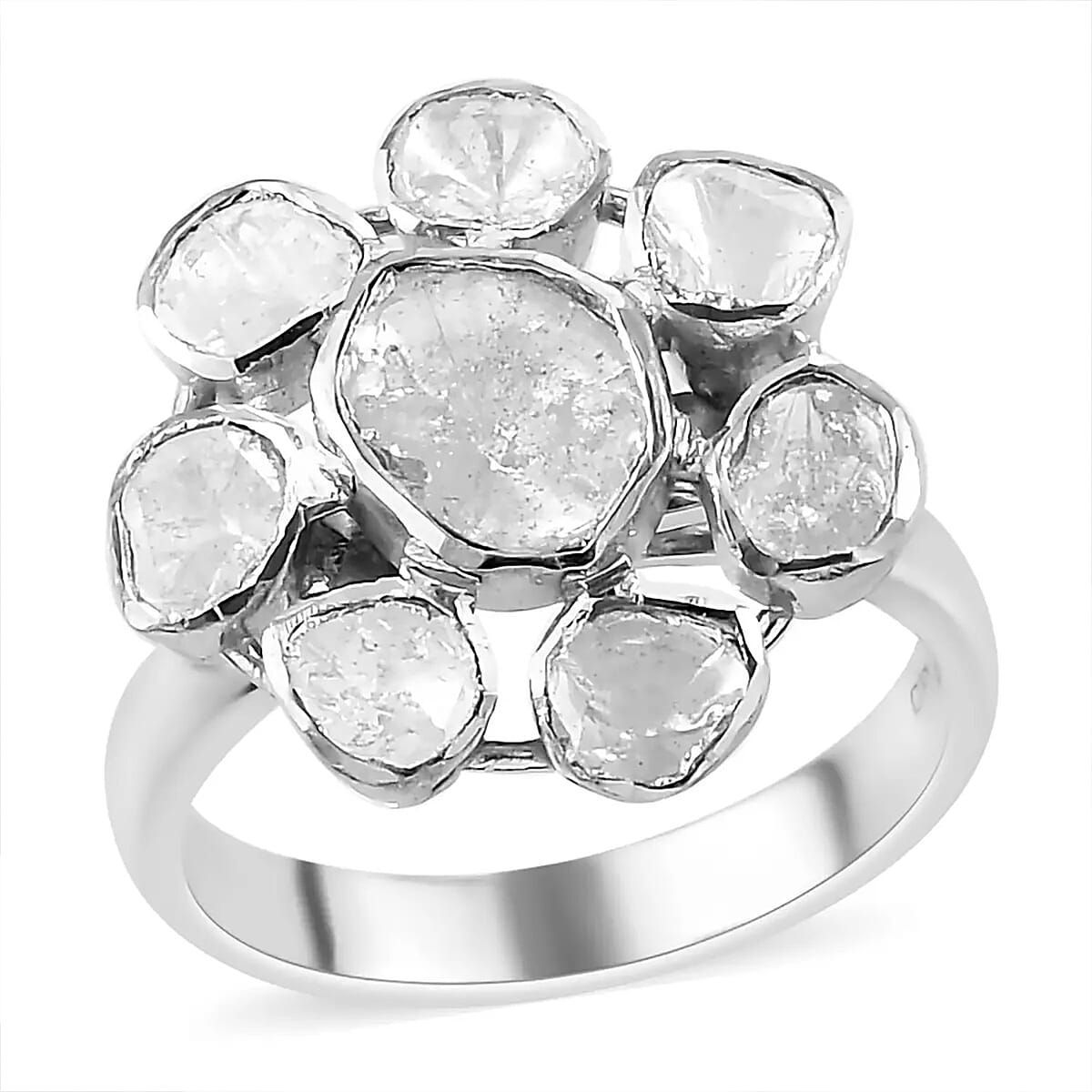 Polki Diamond Floral Ring in Platinum Over Sterling Silver 1.00 ctw image number 0