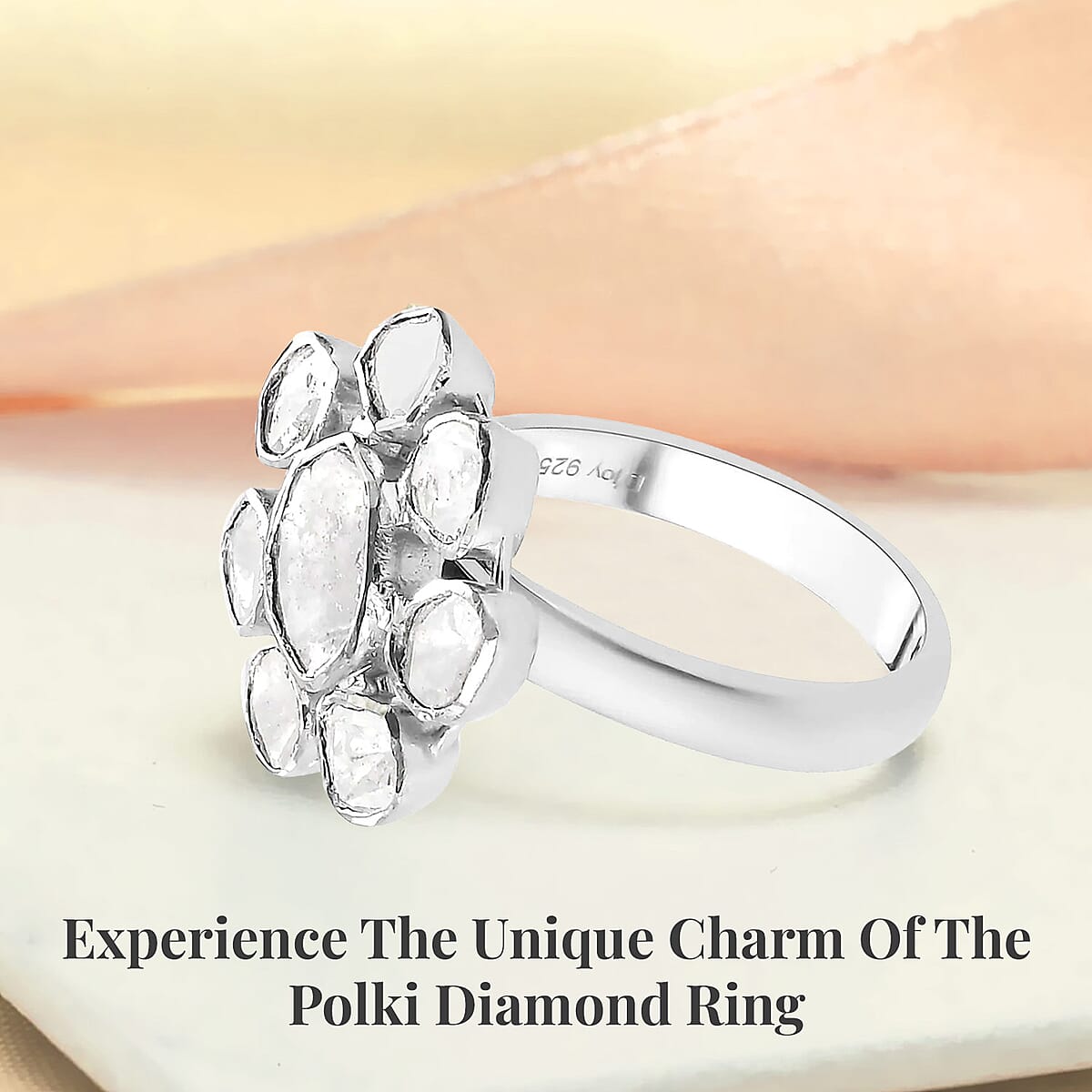 Polki Diamond Floral Ring in Platinum Over Sterling Silver 1.00 ctw image number 2