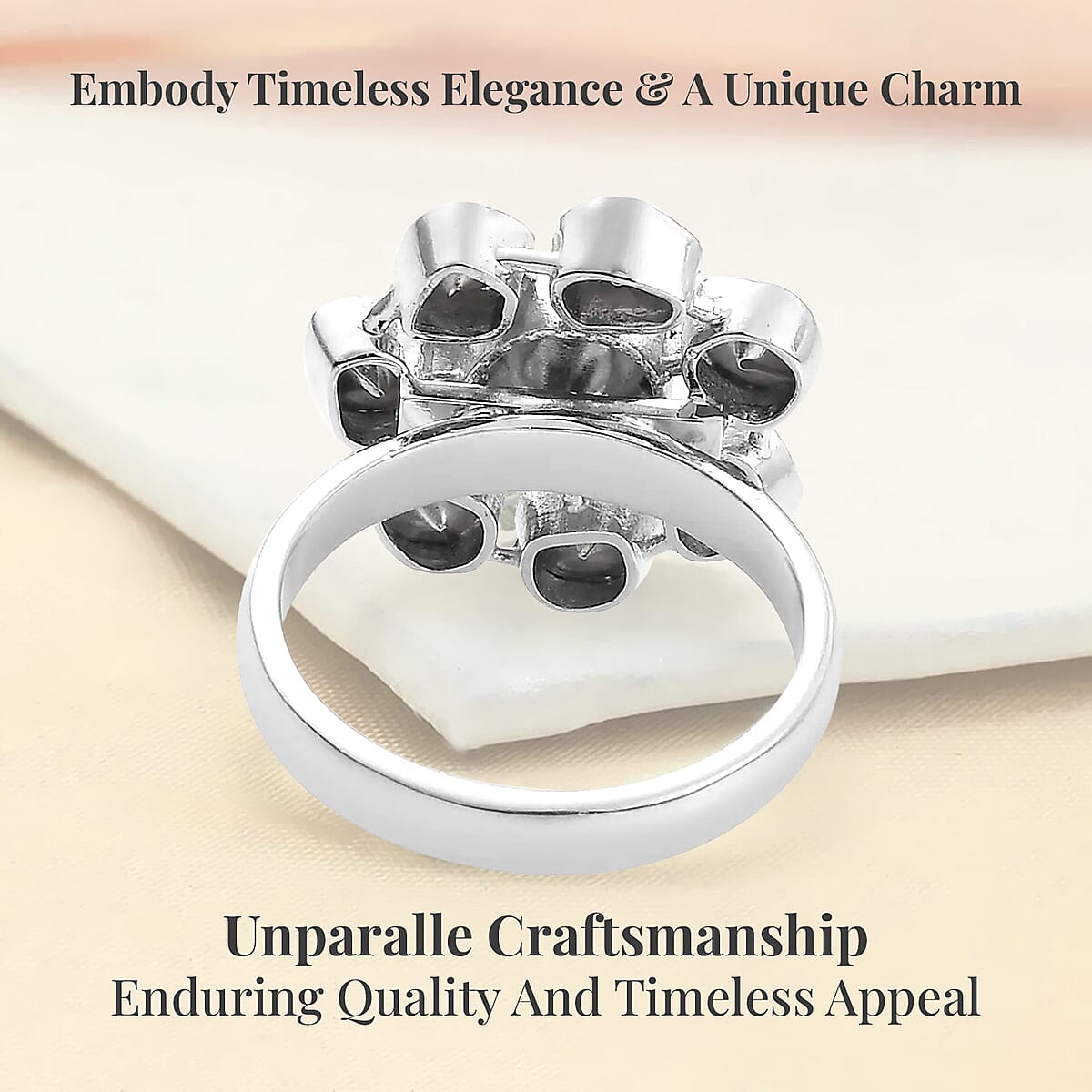 Polki Diamond Floral Ring in Platinum Over Sterling Silver 1.00 ctw image number 3