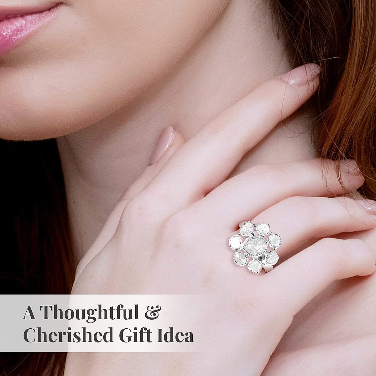 Polki Diamond Floral Ring in Platinum Over Sterling Silver 1.00 ctw image number 5