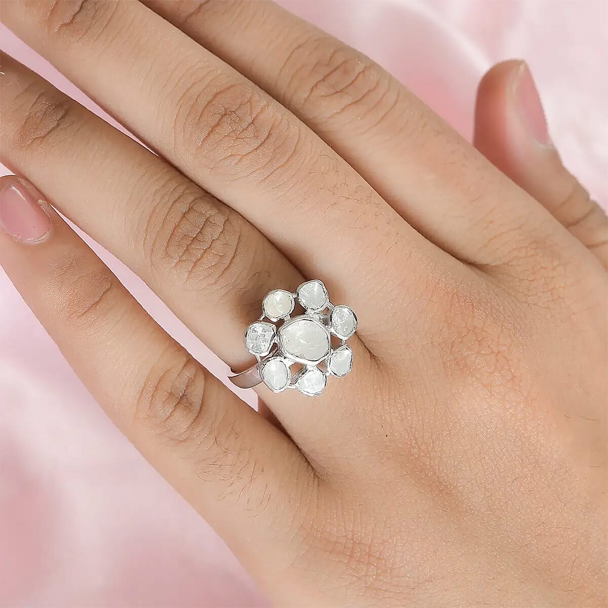Polki Diamond Floral Ring in Platinum Over Sterling Silver 1.00 ctw image number 6