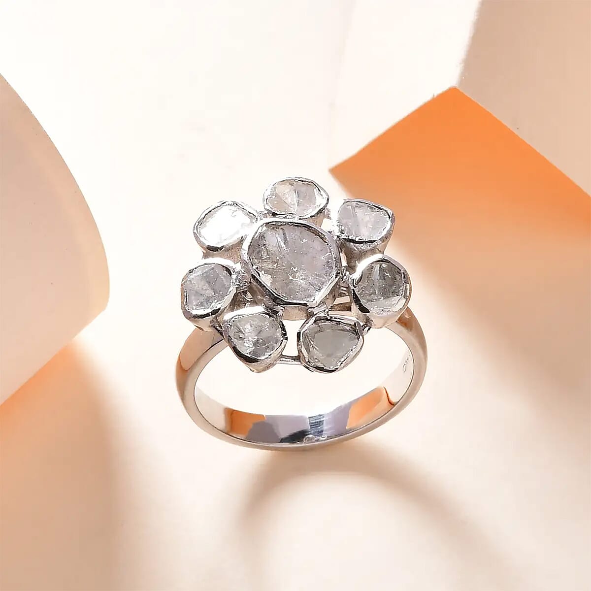 Polki Diamond Floral Ring in Platinum Over Sterling Silver (Size 9.0) 1.00 ctw image number 1