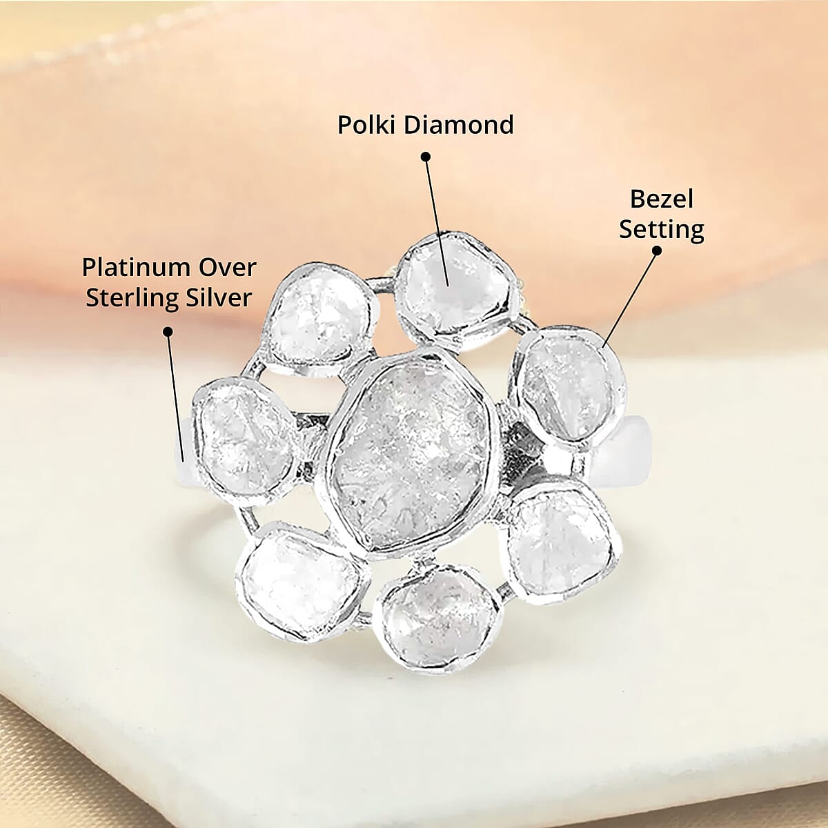 Polki Diamond Floral Ring in Platinum Over Sterling Silver (Size 9.0) 1.00 ctw image number 4