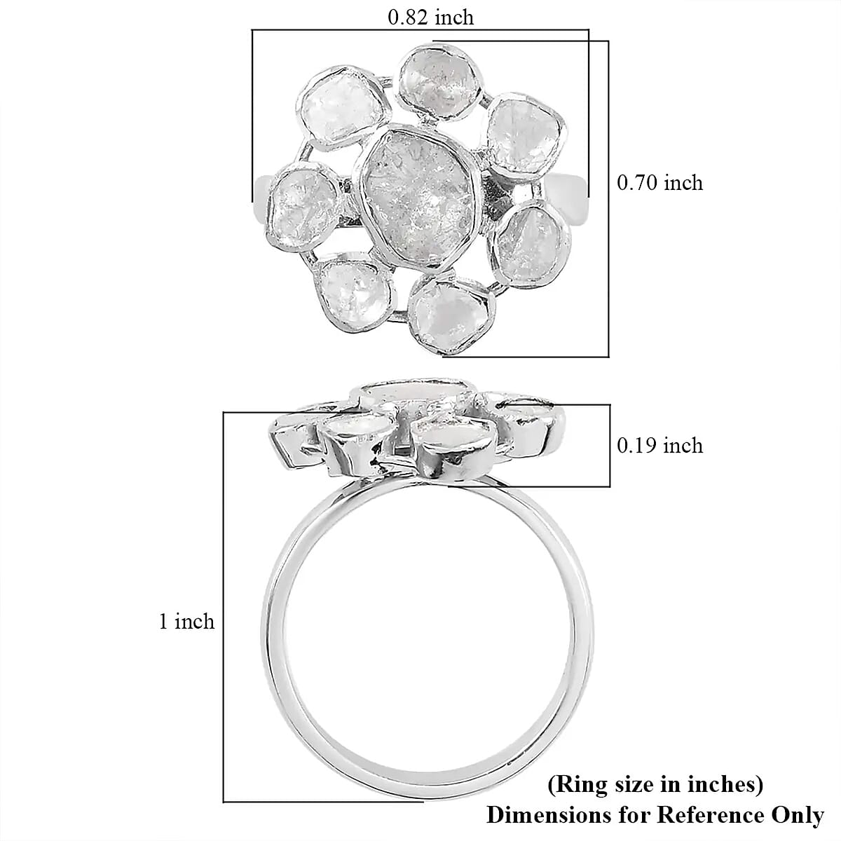 Polki Diamond Floral Ring in Platinum Over Sterling Silver (Size 9.0) 1.00 ctw image number 6