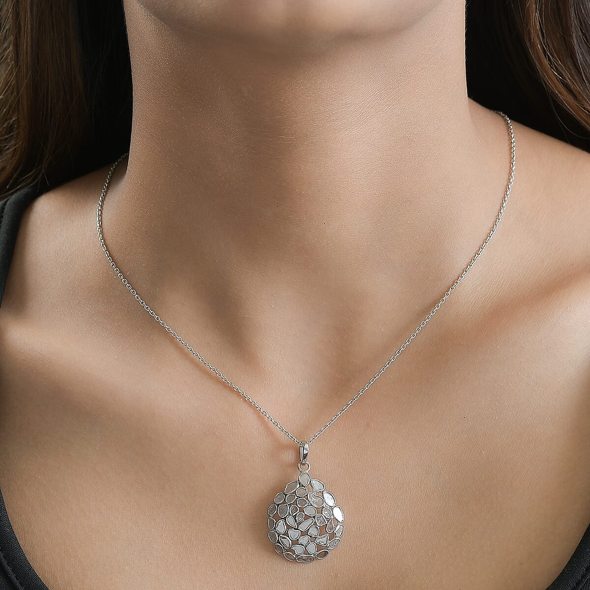 Polki Diamond Cluster Pendant in Platinum Over Sterling Silver 1.50 ctw image number 2