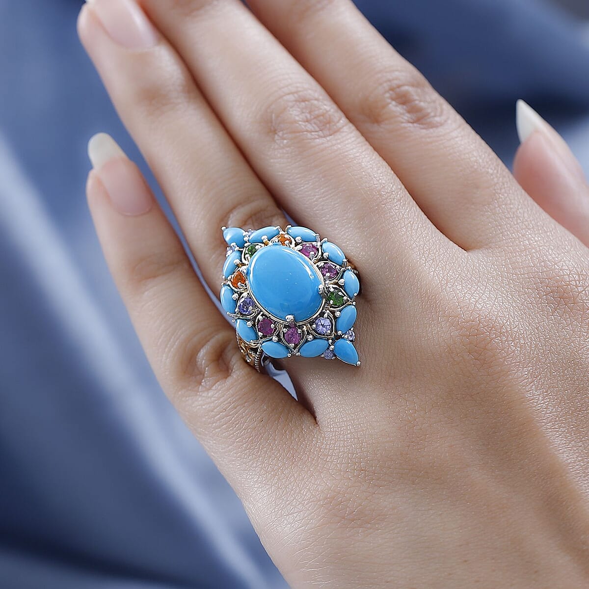 Sleeping Beauty Turquoise and Multi Gemstone Ring in Vermeil YG and Platinum Over Sterling Silver 8.25 ctw image number 2